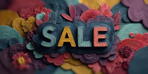 colorful floral sale graphic with textured multicolor letters on vibrant abstract background of layered leaves and petals in teal, mustard, coral, and purple