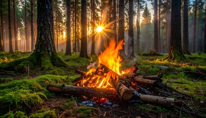 Forest campfire sunset