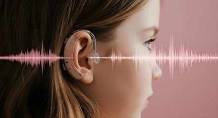 Child with a hearing aid in profile against a soft pink background. Sound waves visually depicted across the image, conveying the sense of hearing enhancement.