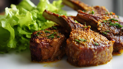 Rack of lamb chops with fresh green lettuce garnish meat food