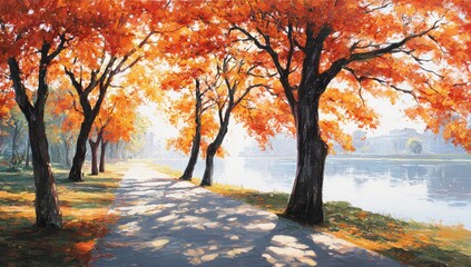 Autumnal park path by a lake
