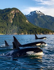 Naklejka premium Majestic orcas glide through a serene fjord, surrounded by lush, green mountains and snow-capped peaks.