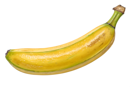 Single ripe yellow banana with green stem isolated on black background fruit