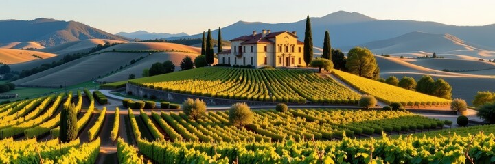 Obraz premium Rolling hills of vines surround a majestic chateau, its stone walls bathed in golden sunlight. Cypress trees dot the landscape, creating a picturesque scene, golden hour, idyllic