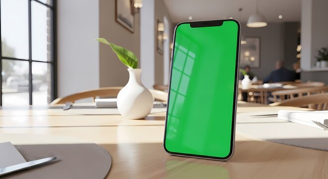 Smartphone with green screen on a table in a cafe setting, showcasing technology in a relaxed environment.