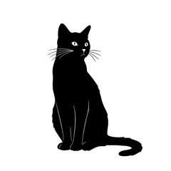 cat, black, silhouette, feline, sitting, animal, pet, vector, clipart, whiskers, tail, ears, paws, eyes, graphic, art, outline, design, Halloween, mystery, elegant, posture, creature, alert, smooth, d