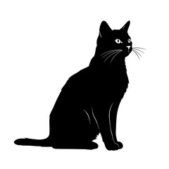 cat, black, silhouette, feline, sitting, animal, pet, vector, clipart, whiskers, tail, ears, paws, eyes, graphic, art, outline, design, Halloween, mystery, elegant, posture, creature, alert, smooth, d
