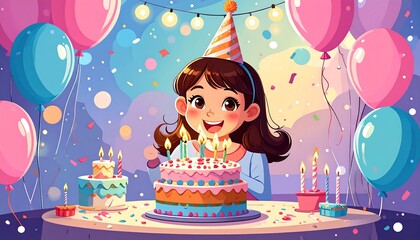 Cartoon girl smiles during birthday party with cake, balloons, confetti, and lights
