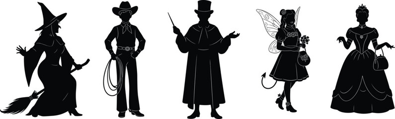 Silhouette illustration of halloween costumes including witch, cowboy, magician, fairy with wings, and princess, festive party character design artwork vector
