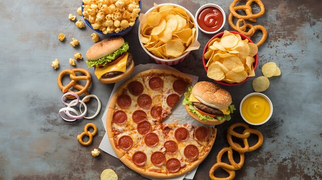 A Feast of Fast Food Favorites: Pizza, Burgers, Chips, and More