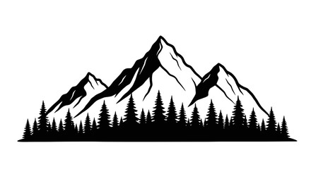 Vector Silhouette of Mountain Range with Pine Trees in Black and White