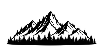 Vector Silhouette of Mountain Range with Pine Trees in Black and White