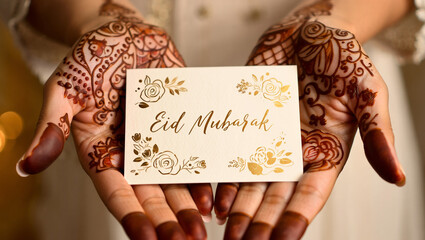 Eid Mubarak celebration with henna decorated hands holding a greeting card with floral design and festive wishes