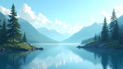 Serene Mountain Lake with Pine Trees and Reflecting Sky