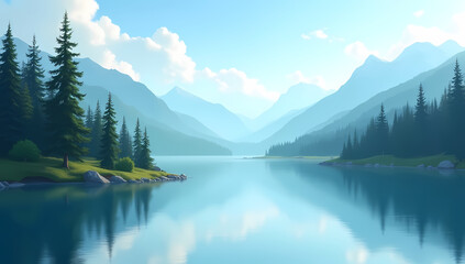 Serene Mountain Lake Landscape with Pine Forest Reflections