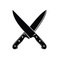 Two black chef knives crossed against a white background