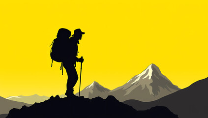 Silhouette Hiker on Mountain Peak at Sunrise