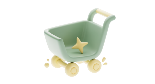 3D Rendered Pastel Green Shopping Cart with Yellow Star isolated on a transparent background