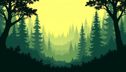 Misty Evergreen Forest Landscape at Sunrise with Silhouetted Trees