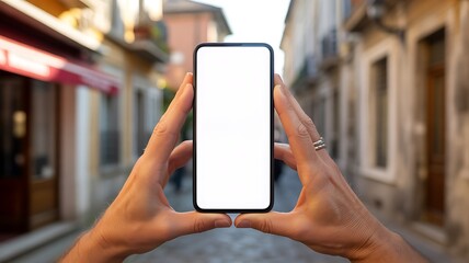 Hands holding a smartphone with a blank screen in a European street