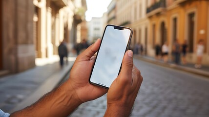 Hands holding smartphone on a European street