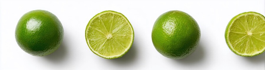 Three limes, whole and halved, on white background