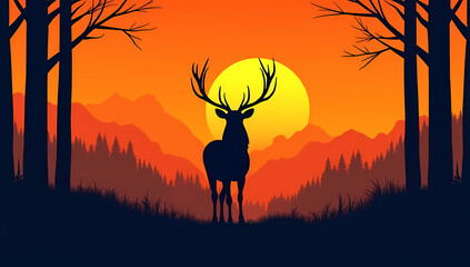 Majestic Deer Silhouette Against Fiery Sunset Landscape