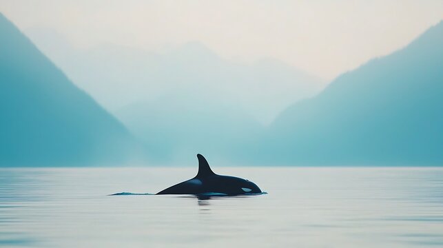 An orca whale surfaces in calm waters with misty mountains in the background
