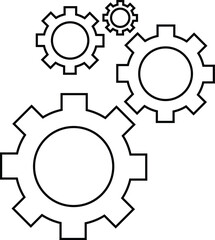 Four black outline gears interlocking on white background cogwheel mechanism