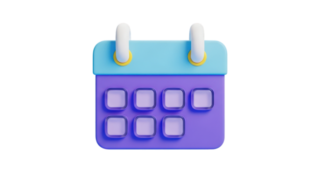 3D stylized calendar icon with purple and blue colors isolated on a transparent background