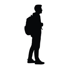 Silhouette of a young person with a backpack looking to the side