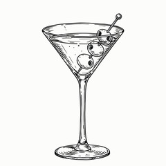 martini, glass, cocktail, vector, outline, drink, alcohol, beverage, lineart, bar, clipart, sketch, illustration, graphic, minimal, vintage, classy, olives, stemware, garnish, liquor, spirits, party, 
