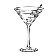 martini, glass, cocktail, vector, outline, drink, alcohol, beverage, lineart, bar, clipart, sketch, illustration, graphic, minimal, vintage, classy, olives, stemware, garnish, liquor, spirits, party, 