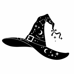witch, hat, silhouette, vector, clipart, magic, Halloween, spooky, costume, wizard, moon, stars, night, fantasy, mystical, enchanted, charm, pointed, buckle, spell, potion, spellbook, broomstick, goth
