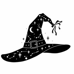 witch, hat, silhouette, vector, clipart, magic, Halloween, spooky, costume, wizard, moon, stars, night, fantasy, mystical, enchanted, charm, pointed, buckle, spell, potion, spellbook, broomstick, goth