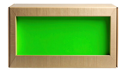Cardboard box with a vibrant green screen for custom content display.