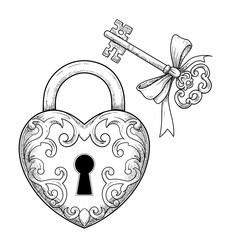 heart, lock, key, vector, clipart, lineart, sketch, vintage, romantic, love, drawing, ornate, illustration, symbol, relationship, padlock, metal, bow, ribbon, scrollwork, filigree, detailed, antique, 