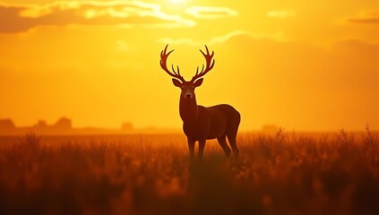 Majestic Deer Silhouetted Against Golden Sunset Sky