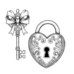 heart, lock, key, vector, clipart, lineart, sketch, vintage, romantic, love, drawing, ornate, illustration, symbol, relationship, padlock, metal, bow, ribbon, scrollwork, filigree, detailed, antique, 