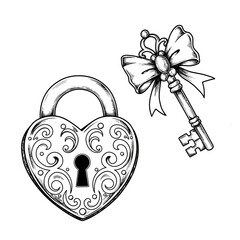 heart, lock, key, vector, clipart, lineart, sketch, vintage, romantic, love, drawing, ornate, illustration, symbol, relationship, padlock, metal, bow, ribbon, scrollwork, filigree, detailed, antique, 