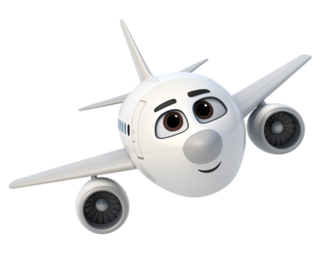 White cartoon airplane with friendly face and big brown eyes aircraft travel