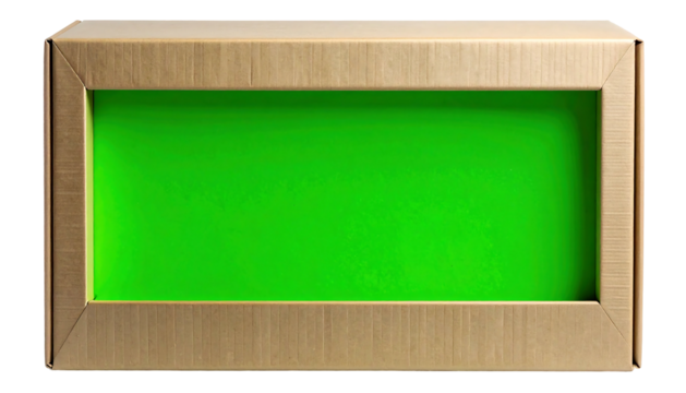 Cardboard box with a vibrant green screen for custom content display.