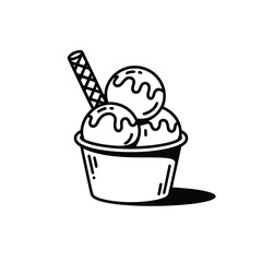 Hand drawn ice cream sundae in a cup with wafer stick