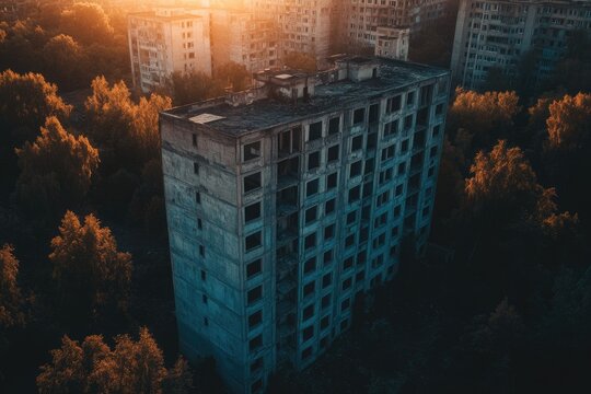 An abandoned, decaying high-rise building at sunset, surrounded by overgrown trees, evokes a sense of desolation and forgotten history. - Powered by Adobe