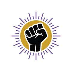 Raised fist symbol of power and solidarity within a radiant sun