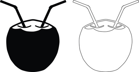Tropical coconut drink silhouette and outline with straws for refreshment