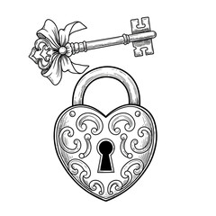 heart, lock, key, vector, clipart, lineart, sketch, vintage, romantic, love, drawing, ornate, illustration, symbol, relationship, padlock, metal, bow, ribbon, scrollwork, filigree, detailed, antique, 