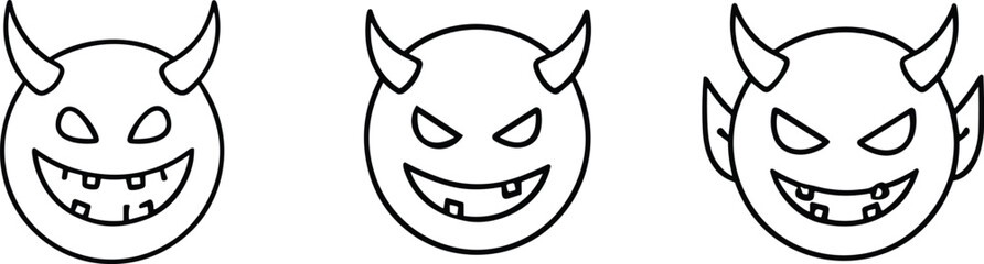 Cartoon devil face silhouettes with horns, angry, scary, and menacing expressions, fantasy monster illustration perfect for halloween, spooky design artwork