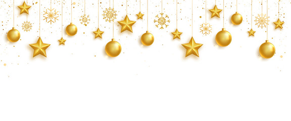 Gold balls, stars and snowflakes frame. Celebration background. Bright Holiday ornament. Luxury hanging baubles. Christmas 3d gold glass toys. Festive glitter design elements. Vector illustration