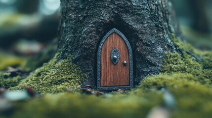 Miniature door in mossy tree trunk fantasy nature scene